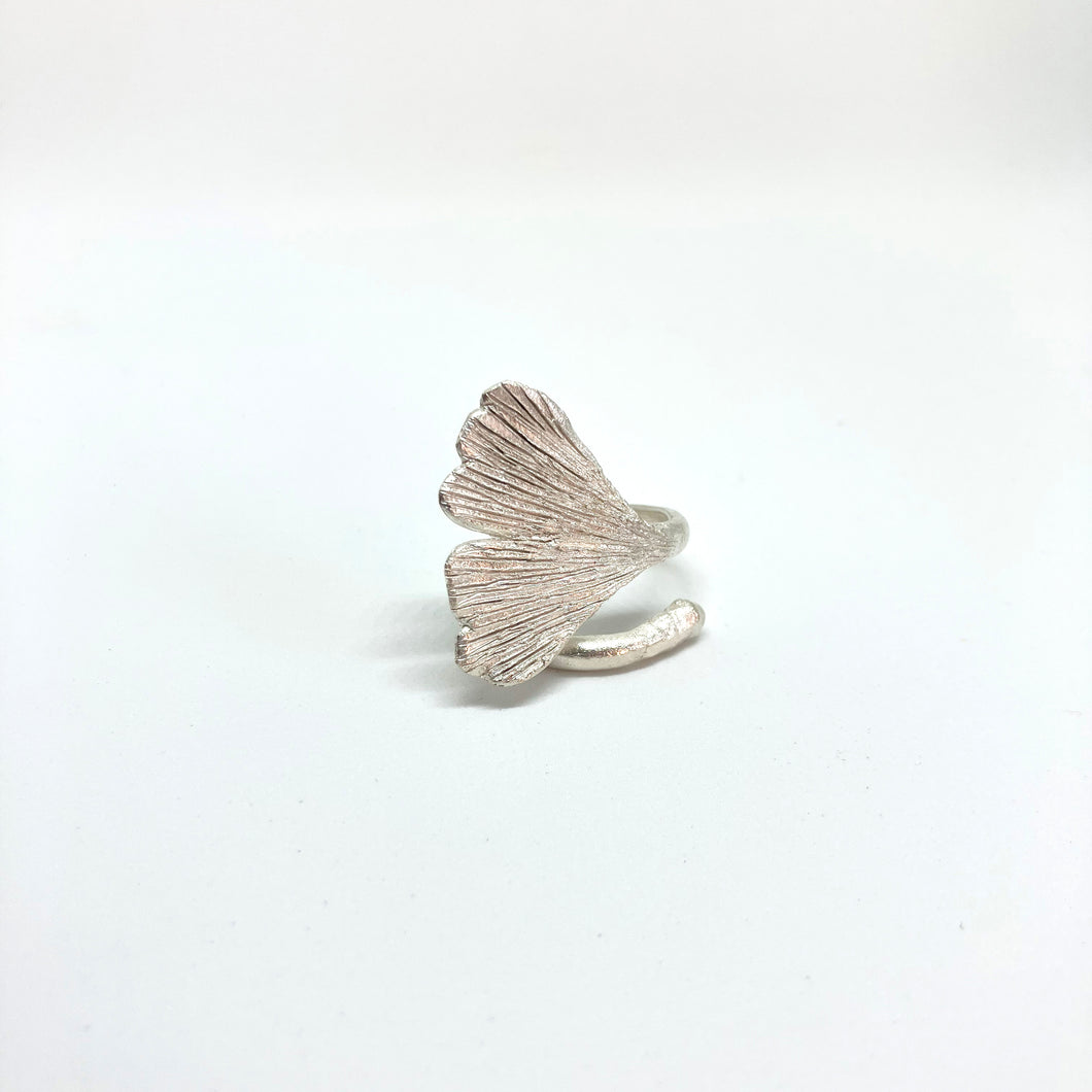 Ginkgo leaf silver ring adjustable size 50-54