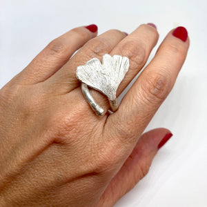 Ginkgo leaf silver ring adjustable size 50-54