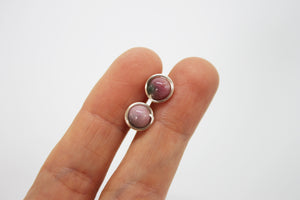 Minimal stud earrings green-pink agate silver plated