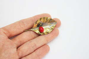 Beech leaf with coral brooch brass