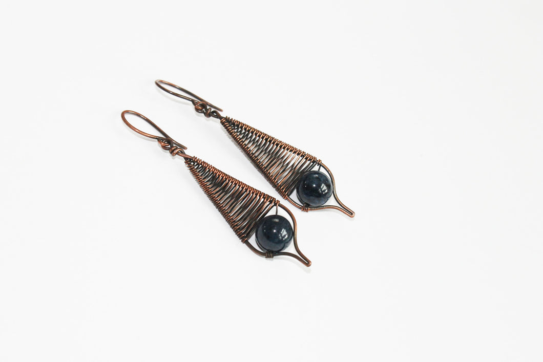 Woven copper earrings dumortierite